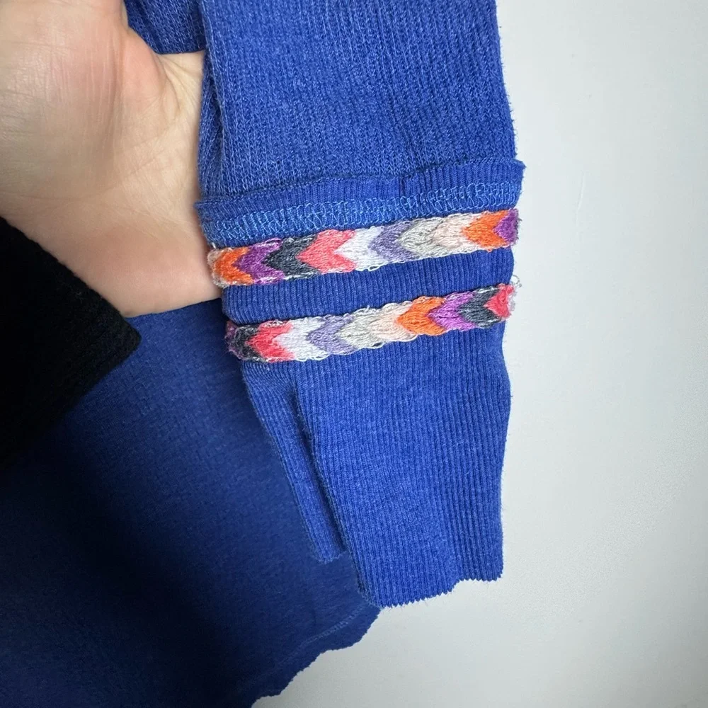 We The Free Free People Blue Thermal Rainbow Trim Long Sleeve Henley Top small - Picture 8 of 10